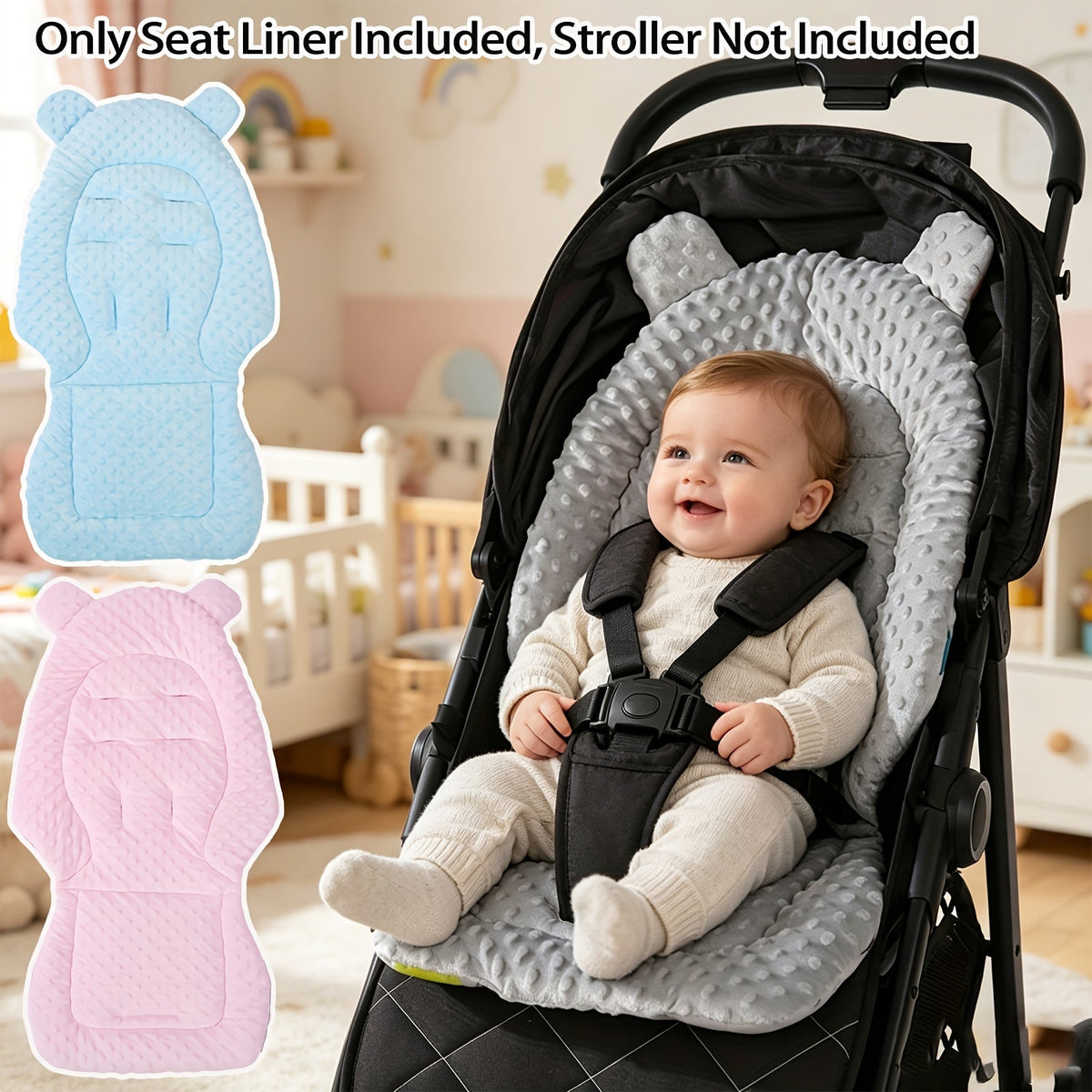 Baby Stroller Seat Pad Cushion Liner with Plush Warm & Breathable Summer Sides, Universal Fit Infant Carriage Insert, Soft Polyester Fiber Comfort Mat