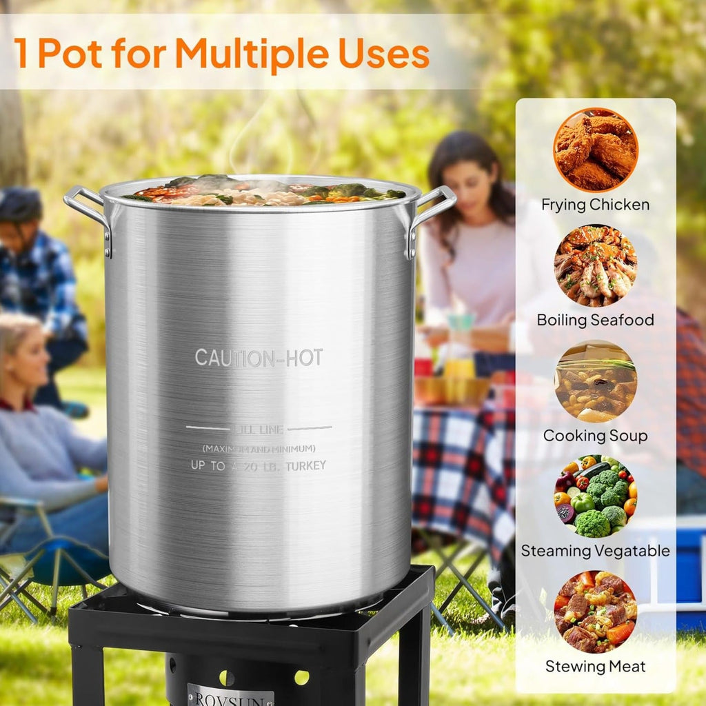 30-Quart Outdoor Turkey Deep Fryer Kit with 100,000 BTU Propane Burner Strainer Basket Steamer Plate & Foldable Side Shelf for Seafood Boils Frying & Steaming