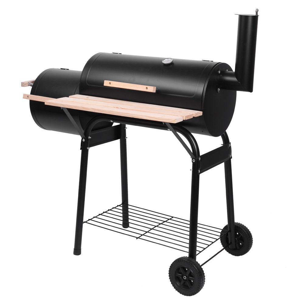 Charcoal Grill with Offset Smoker 433 Sq In Cooking Area Lid Thermometer Carbon Steel Side Table & Wheels for Backyard Camping & Picnics – Black