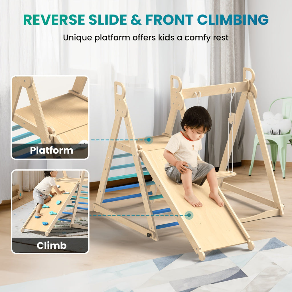 4-in-1 Indoor Wooden Jungle Gym for Toddlers & Kids, A-Frame Climbing Set with Swing, Slide, Climbing Wall & Ladder, Natural Wood Indoor Playground for Active Play & Motor Skill Development