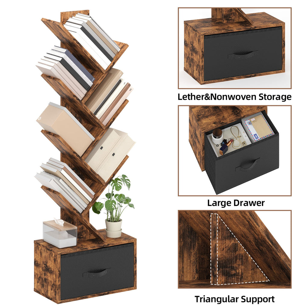6-Tier Tree Bookcase 44.5" Vintage Narrow Floor Standing Bookshelf with Drawer – Wooden Book Organizer for Office Bedroom Living Room