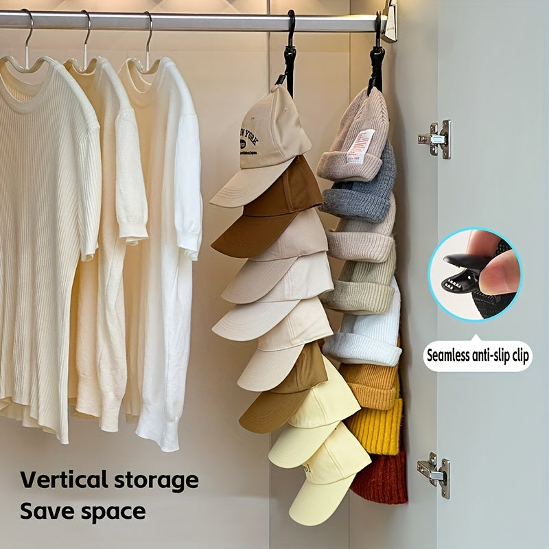 Hat Storage Organizer with 8 Clips - Holds 8 Baseball Caps - Hanging Hat Rack for Home Closet & Wardrobe - Black & Grey