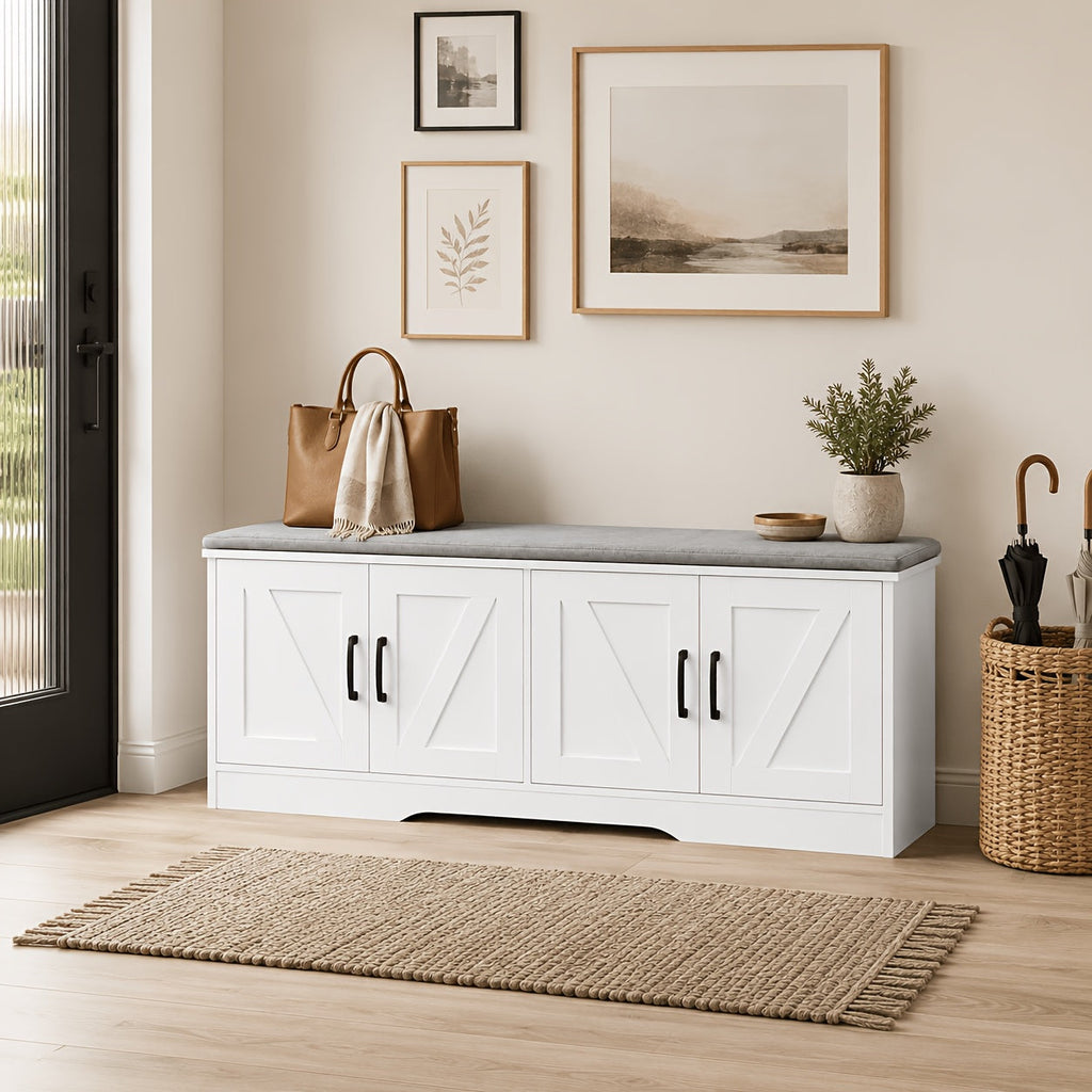 43-Inch Storage Ottoman Bench with 4 Barn Doors, Large Capacity Heavy-Duty Shoe Storage Bench, Long Entryway Bench with Storage for Living Room Foyer Bedroom, Modern Farmhouse Style