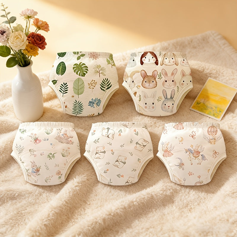 5-Piece Baby Potty Training Underwear, Reusable Washable Cartoon Print Soft Breathable Leak-Proof Training Pants for Toddlers, Forest Rabbit Leaves & Little Bear, Sizes 1-2Y 2-3Y 3-4Y