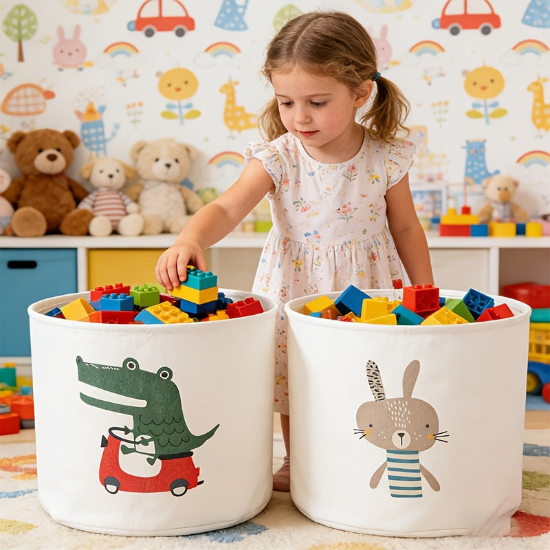 Set of 2 Foldable Cartoon Storage Baskets for Kids Room, Large Capacity Storage Bins for Clothes Toys & Nursery Organization, Cute Animal Design Children's Room Organizer