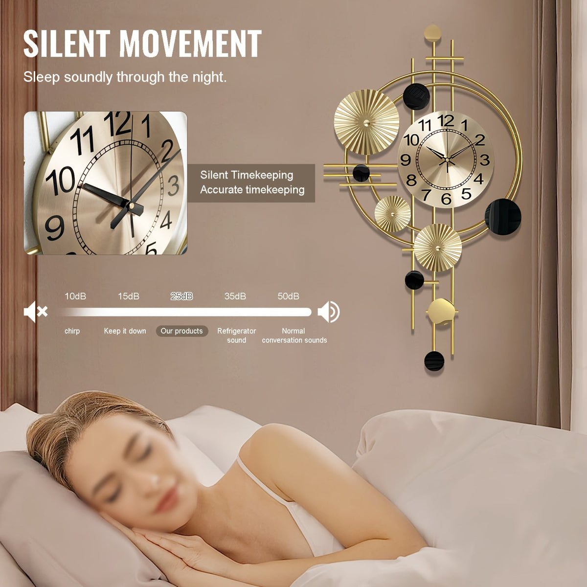 3D Metal Wall Art Clock – 30.7 × 17.7 Inch Silent No-Tick Decorative Modern Large Wall Clock for Living Room & Bedroom in Gold