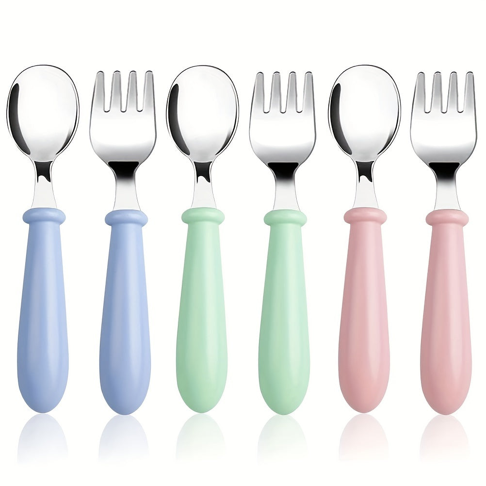 Toddler Utensils Set of 6 Stainless Steel, Baby Silverware Fork and Spoon Set with Safe Round Handle, Kid-Safe Flatware Cutlery Set for Self-Feeding Infants & Toddlers