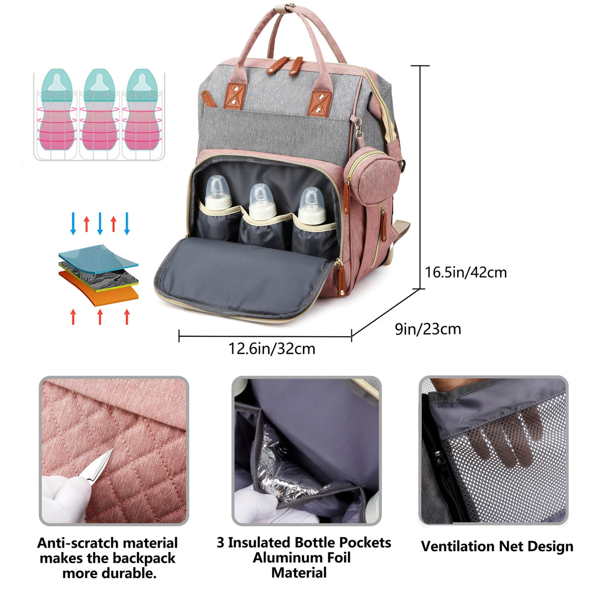 Large Multifunctional Diaper Bag Backpack with Changing Station for Boys & Girls, Travel Baby Diaper Backpack, Blue & Pink Gray