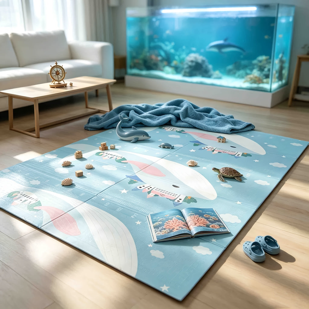 Double-Sided Crawling & Tummy Time Play Mat, Soft Thickened Foldable Baby Floor Mat for Indoor Use, Whale Paradise Design in 79x71 and 79x59 Inch Sizes