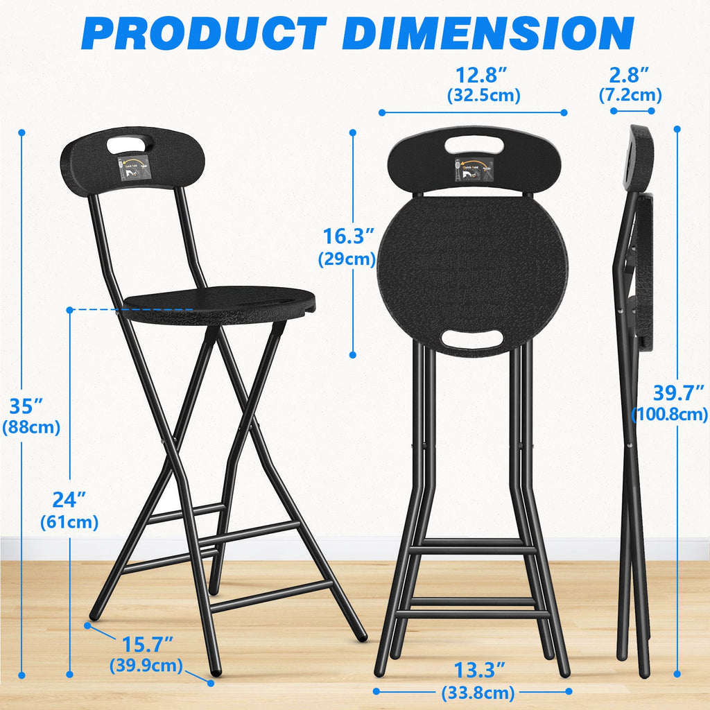 Folding Bar Stool 2-Pack - 24", 350 lbs Capacity, Alloy Steel, Backrest, 2-Height Footrest, Hinge Lock & Handle - Kitchen, Bar, Camping & Outdoor - Black