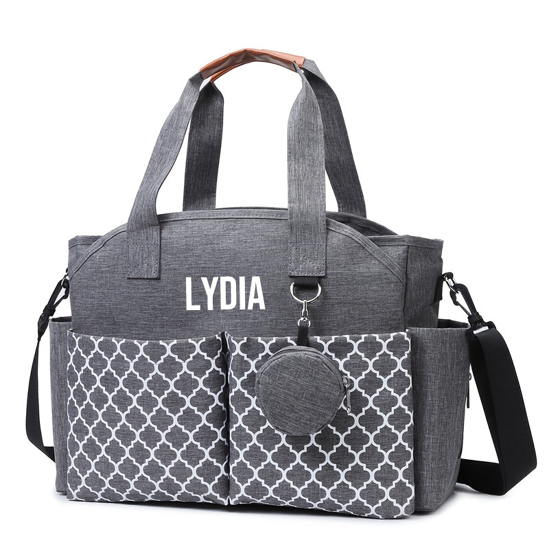 2-in-1 Custom Embroidered Diaper Bag, Personalized Alphabet Quilted Handheld & Crossbody Travel Bag for Mom & Dad, 4 Font Styles, Navy Blue & Grey