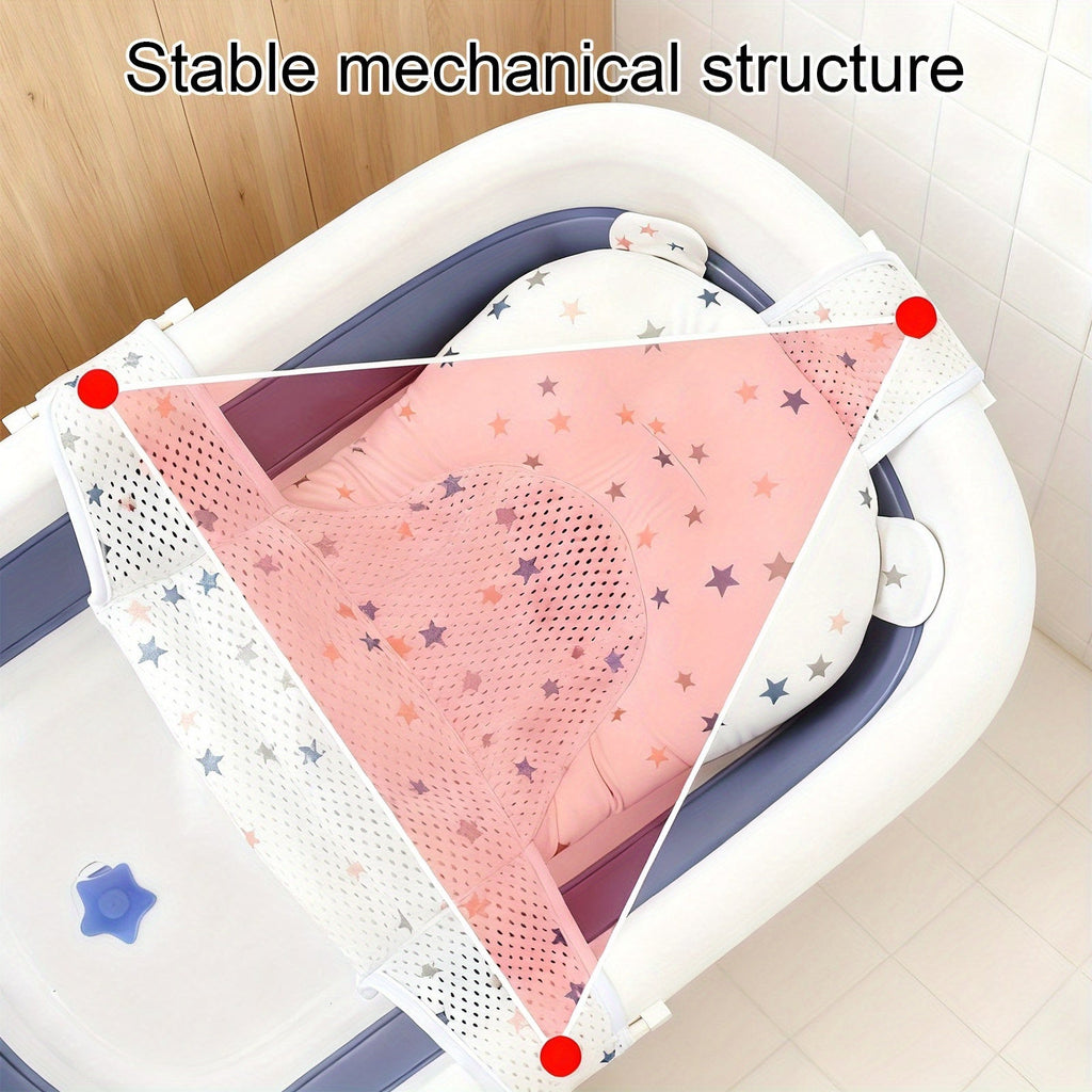 Baby Bath Mat with Star Pattern, 3-Point Adjustable Buckle Safety Baby Bathtub Mat with Breathable Mesh Bottom for Newborns 0–1 Year Old, Non-Slip Infant Bath Support Mat, White Star