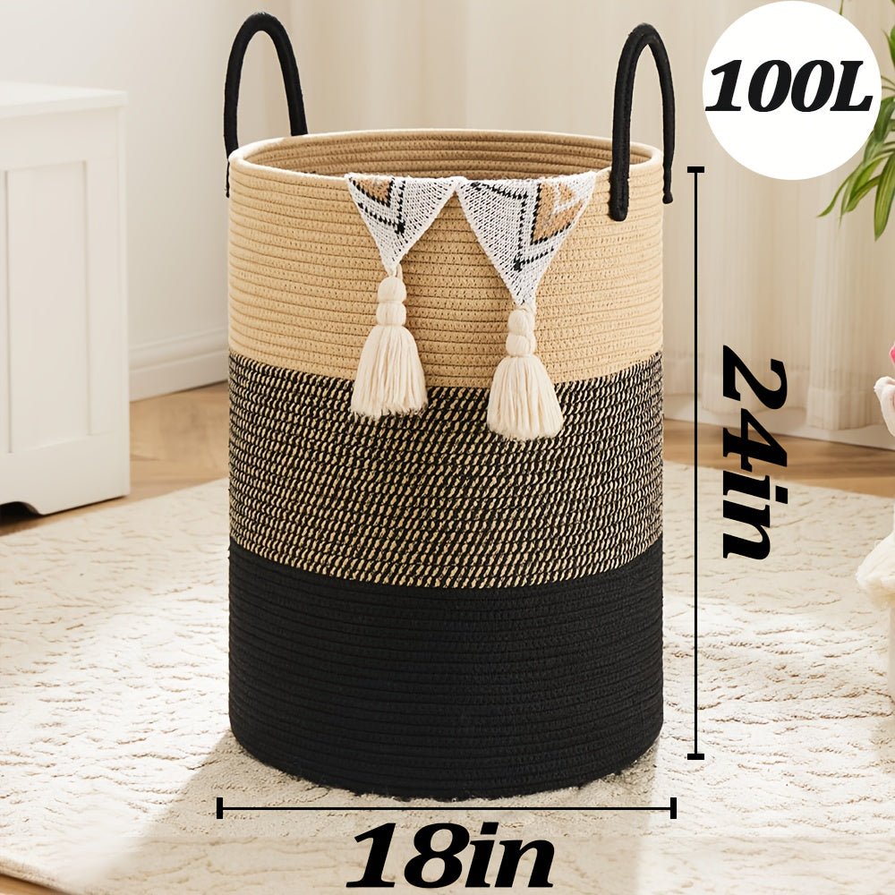 Collapsible Cotton Rope Woven Laundry Basket, Natural Elegant Laundry Hamper for Bathroom Nursery & Living Room, Versatile Storage for Clothes Toys & Blankets, 40L 60L 80L 100L, 9 Colors
