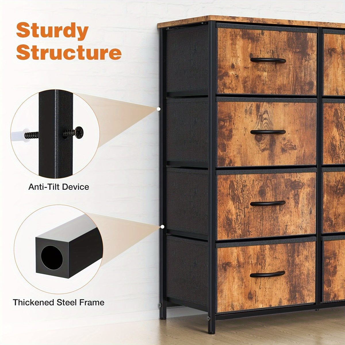 8-Drawer Dresser & Chest of Drawers - Fabric Storage Tower with Wood Top & Thickened Frame for Bedroom, Living Room & Hallway - Rustic, Black & White