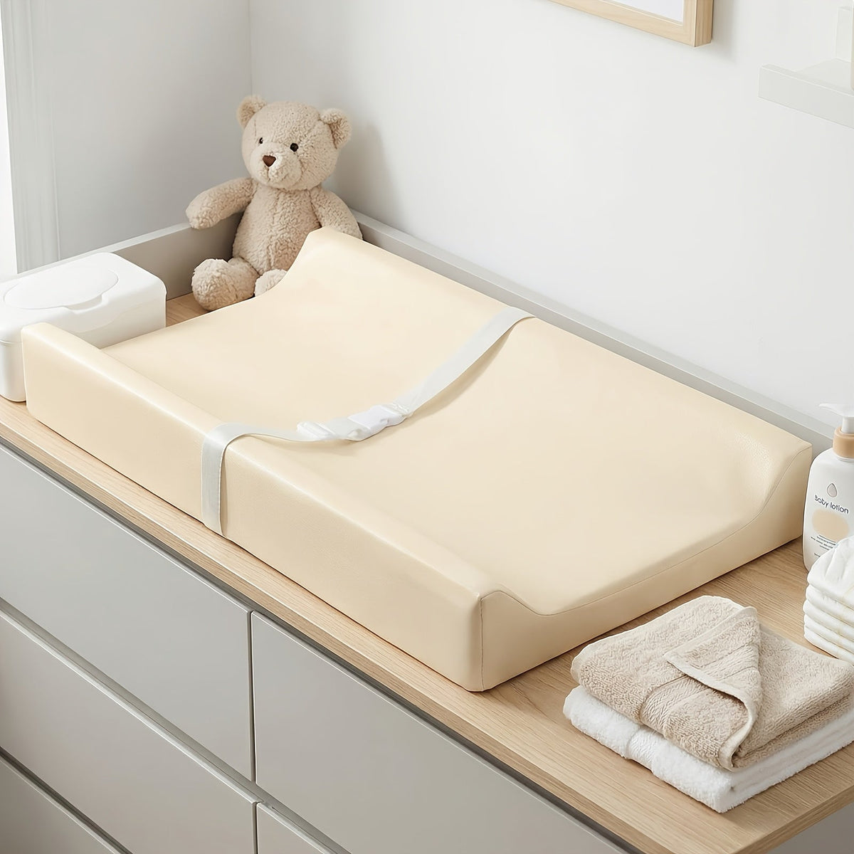 PASAMIC Secure Grip Baby Diaper Changing Pad for Dresser, Waterproof & Wipeable Contoured Changing Pad, Standard Size 15.74 x 31.1 Inch, Non-Slip Baby Changing Mat for Dresser Top, Grey, Beige & Pink