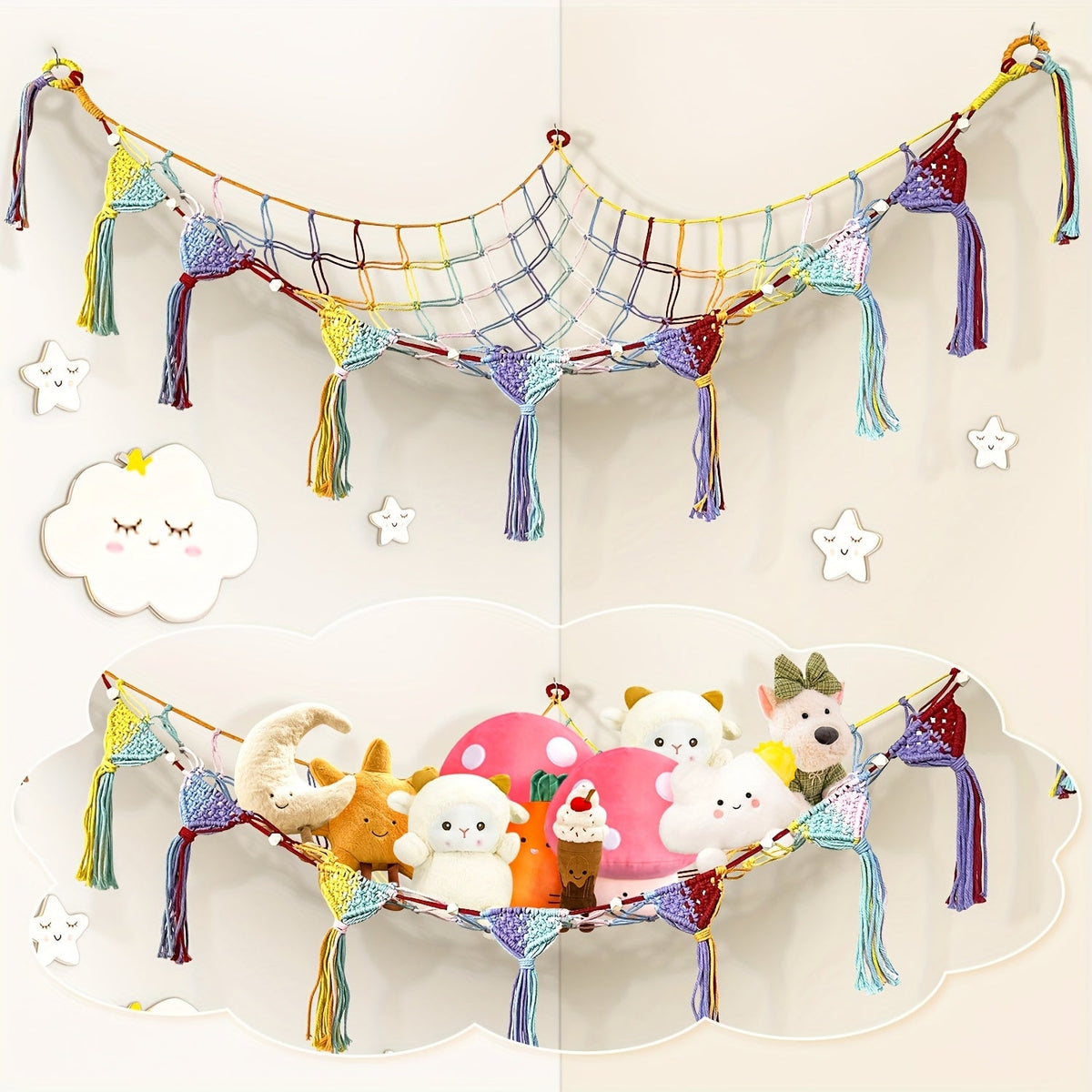 Macrame Stuffed Animal Storage Hammock, Jumbo Corner Hanging Plushie Net Organizer for Kids Nursery & Bedroom Decor, 9 Colors Including White Gray Pink Black & Rainbow