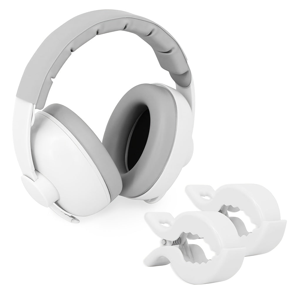 Portable Ear Muff with 2 Baby Stroller Fixing Clips, Soft Padded Adjustable Headband Ear Cover for Outdoor Travel & Camping, Removable Stroller Blanket Sunshade Clip Accessory Set