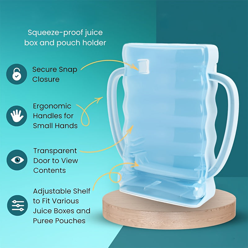Anti-Squeeze Food Pouch & Juice Box Holder, Squeeze-Proof Baby Feeding Organizer with Flip-Top Closure, Food Contact Safe Square Container for Fruit Puree Pouches, Blue