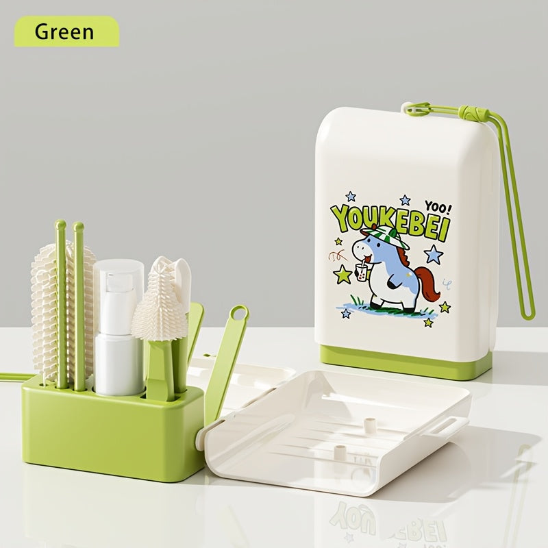 Book-Shaped Portable Baby Bottle Cleaning Brush Set, Multi-Functional Kit with Bottle Brush Nipple Brush Straw Brush Cup Brush & Draining Rack, Lightweight Travel Bottle Cleaning Tools, Green & Blue