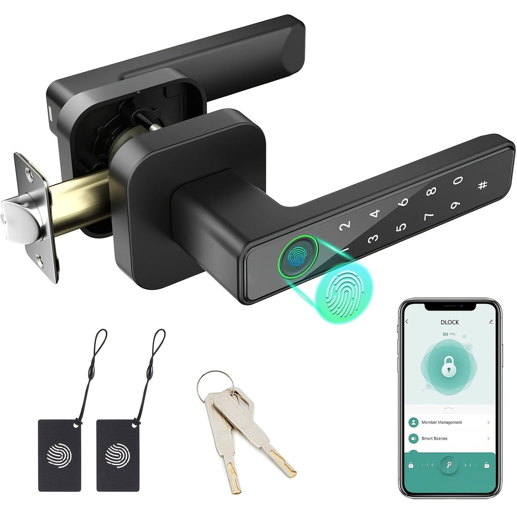 Smart Fingerprint Door Lock Keyless Entry Door Lever with APP IC Card Code Key & Biometric Unlock Aluminum Alloy for Bedroom Home Hotel Office & Apartment