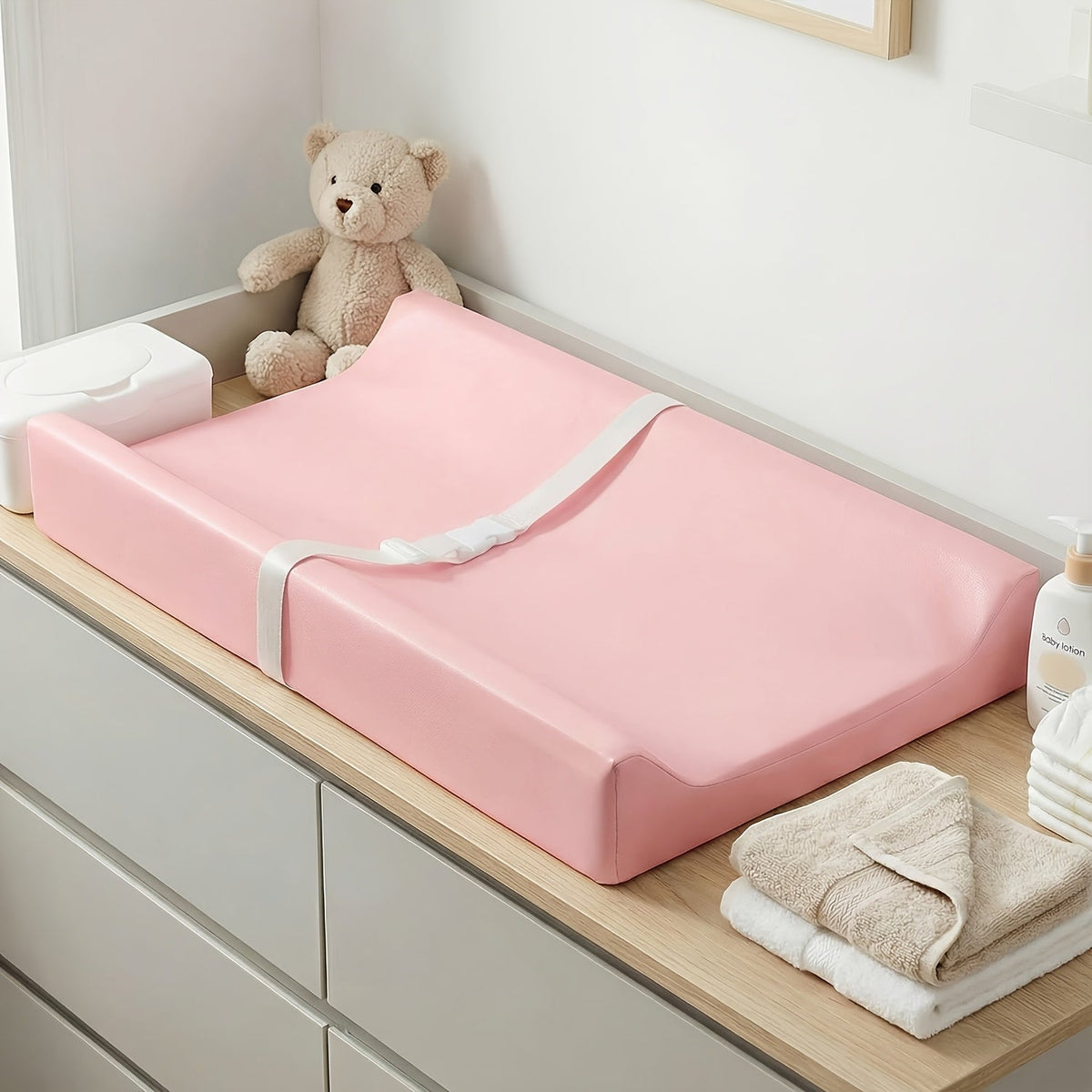 PASAMIC Secure Grip Baby Diaper Changing Pad for Dresser, Waterproof & Wipeable Contoured Changing Pad, Standard Size 15.74 x 31.1 Inch, Non-Slip Baby Changing Mat for Dresser Top, Grey, Beige & Pink