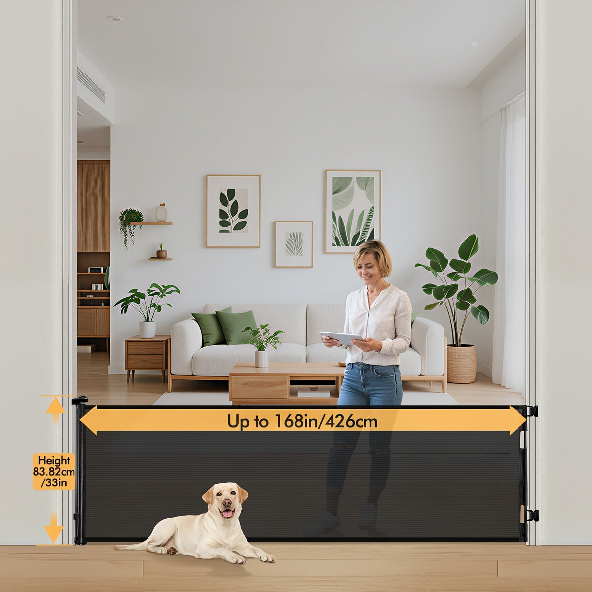 VERASTE Retractable Mesh Safety Gate, 33"/41" Tall Baby & Pet Gate for Doorways, Stairs & Hallways, Indoor & Outdoor Use, Multiple Width Options, Black, White & Gray