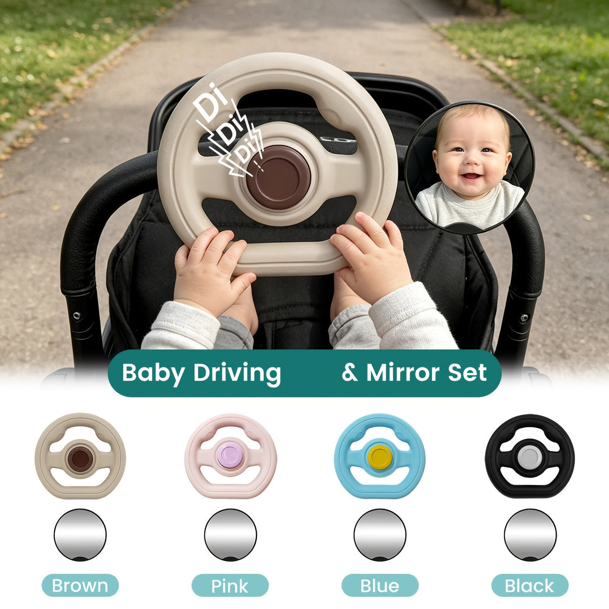 Baby Stroller Toy Steering Wheel with Safety Mirror & Stroller Clips, Adjustable Detachable Simulation Driving Wheel for Strollers & Shopping Carts, Toddler Activity Accessory