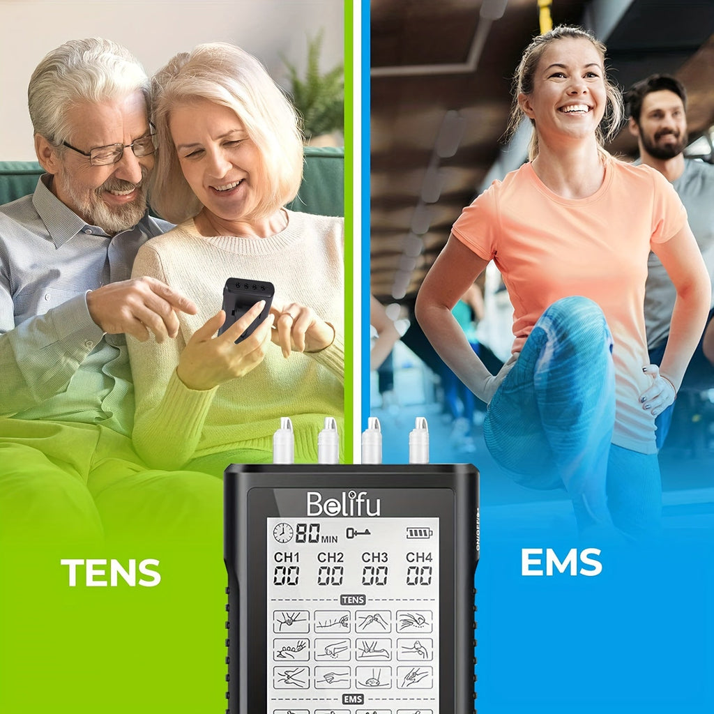 Belifu TENS EMS Muscle Stimulator with 4 Independent Channels - 24 Modes, 30 Intensity Levels, Rechargeable Electric Pulse Massager for Pain Relief - Black & Silver