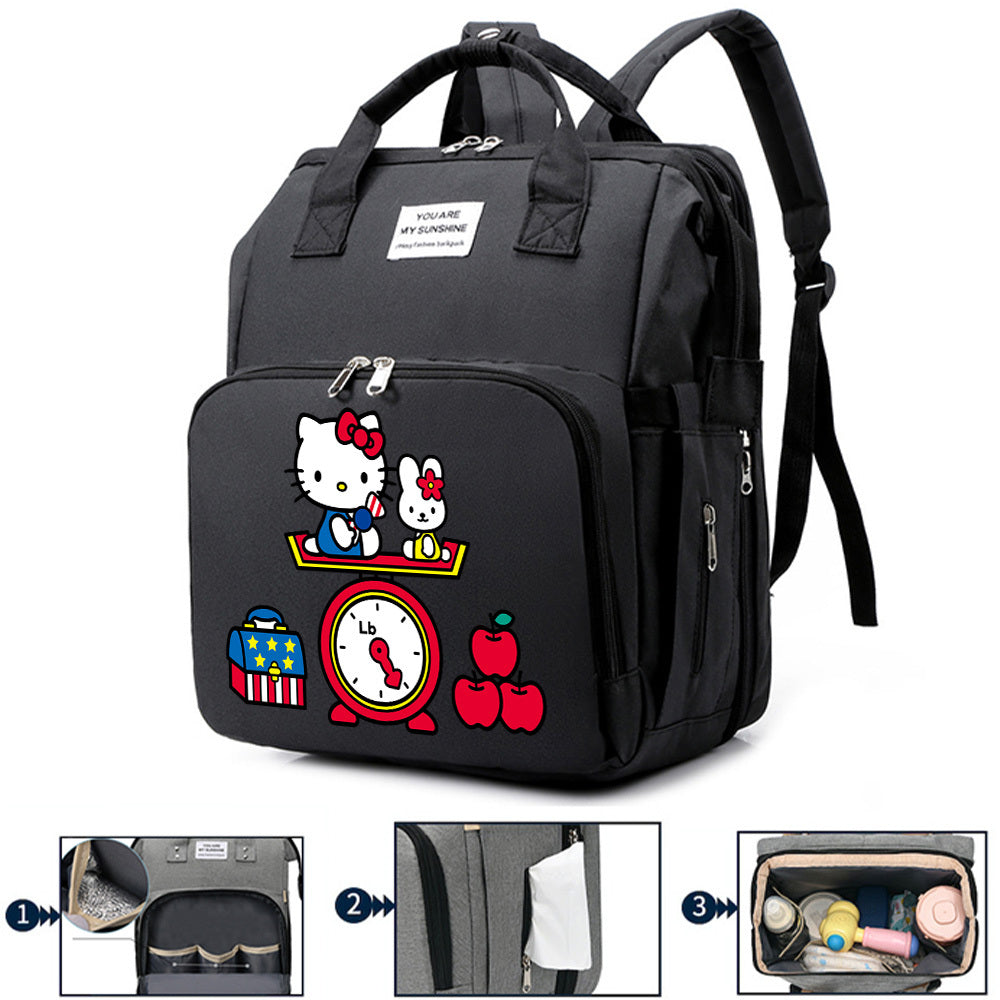 Cute Cartoon Kitty Print Diaper Backpack, Large Capacity Baby Bag for Travel & Daily Outing, Stylish Mom & Dad Baby Bag, Black Purple & Grey