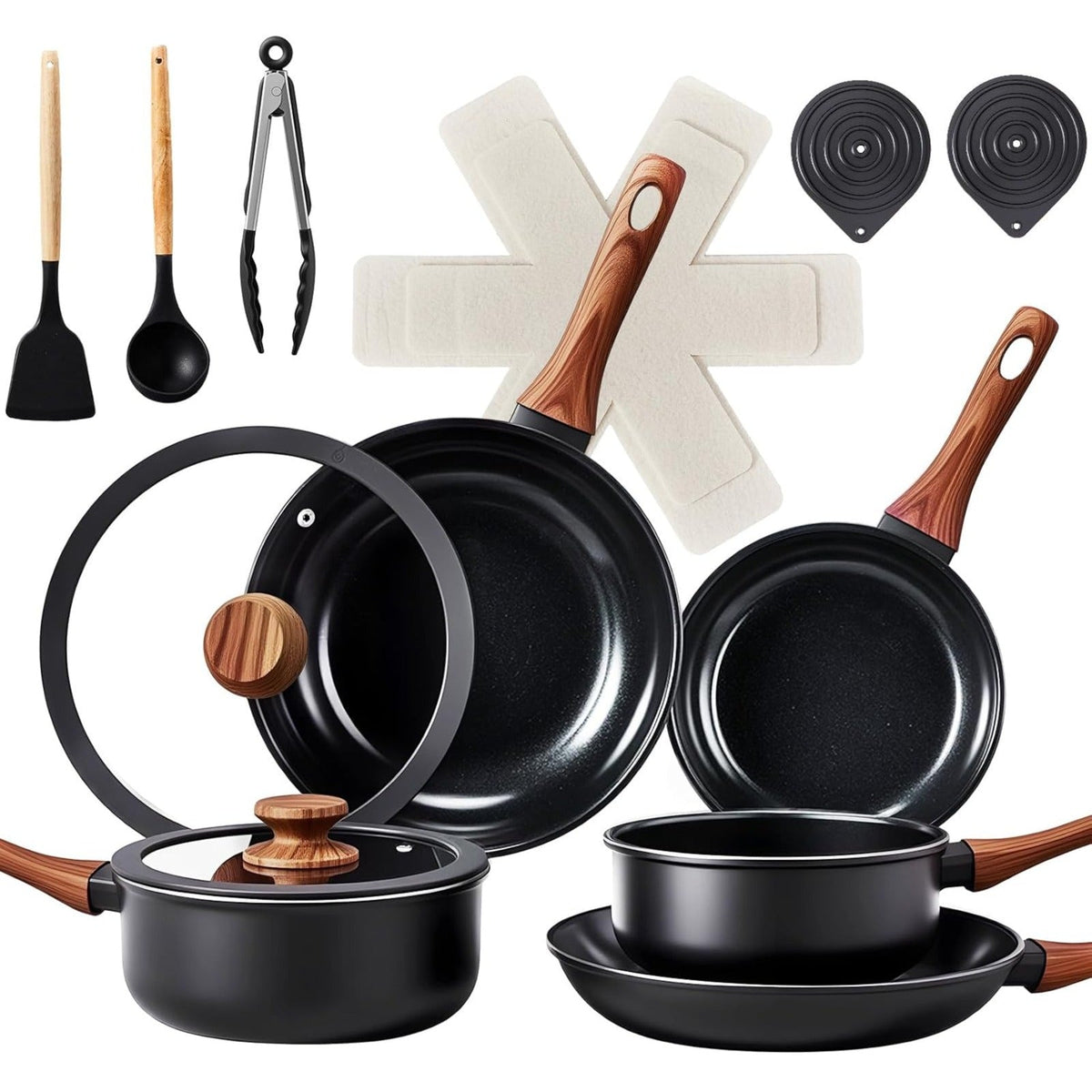 Nonstick Pots and Pans Set with Detachable Handles 15-23 Piece, Cast Aluminum Cookware Set Dishwasher Safe PFAS PFOA Free, Induction Compatible Kitchen Cooking Set with Utensils for RV Home, Black Cream White