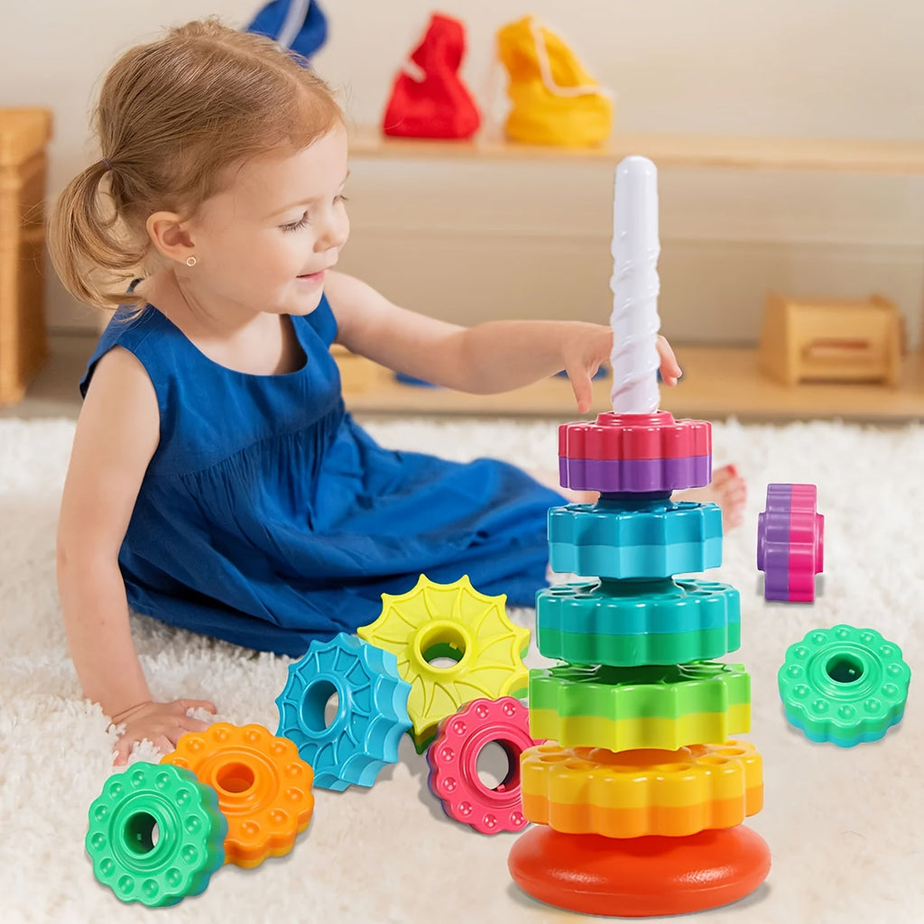 5-in-1 Rainbow Spinning Gear Tower with Rotating Base Interactive Educational Toy for Toddlers Motor Skills Hand-Eye Coordination Cognitive Development