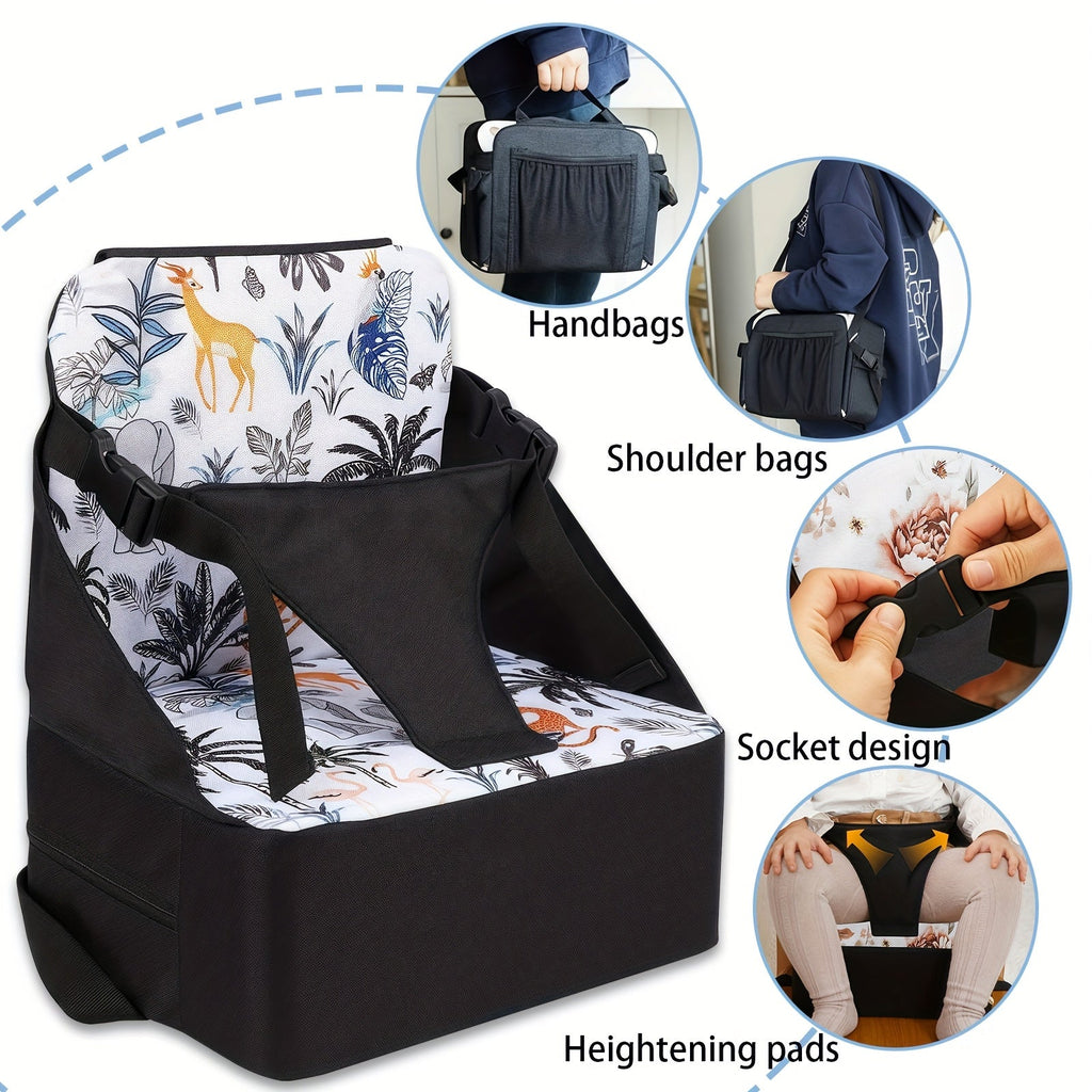 Portable Foldable Baby Booster Seat with Non-Slip Mat, Convenient Carry-Along Booster Seat for Kitchen & Dining Chairs, for Boys & Girls Ages 0-3, Christmas Bunny, Space Cruise & Colored Flowers