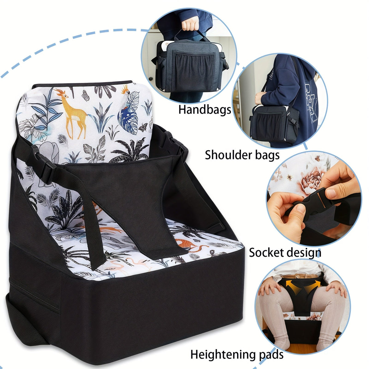 Portable Foldable Baby Booster Seat with Non-Slip Mat, Convenient Carry-Along Booster Seat for Kitchen & Dining Chairs, for Boys & Girls Ages 0-3, Christmas Bunny, Space Cruise & Colored Flowers