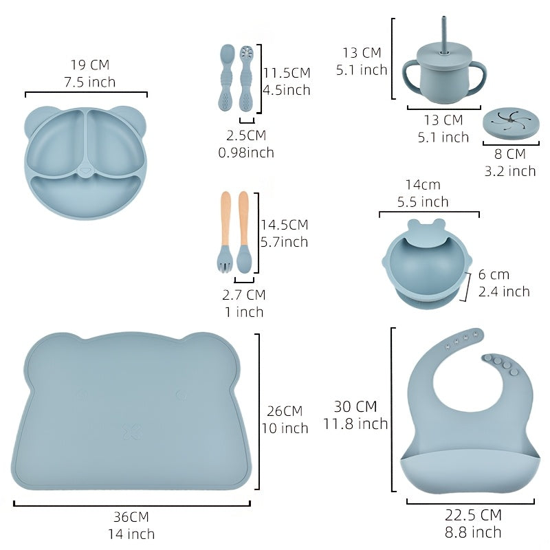 10-Piece Baby Toddler Silicone Tableware Set for Ages 1-3, Complete Feeding Set with Silicone Dinner Plate Fork Spoon Suction Cup Bowl Bib Snack Cup & 2-in-1 Straw Cup, BPA-Free Baby Mealtime Essentials