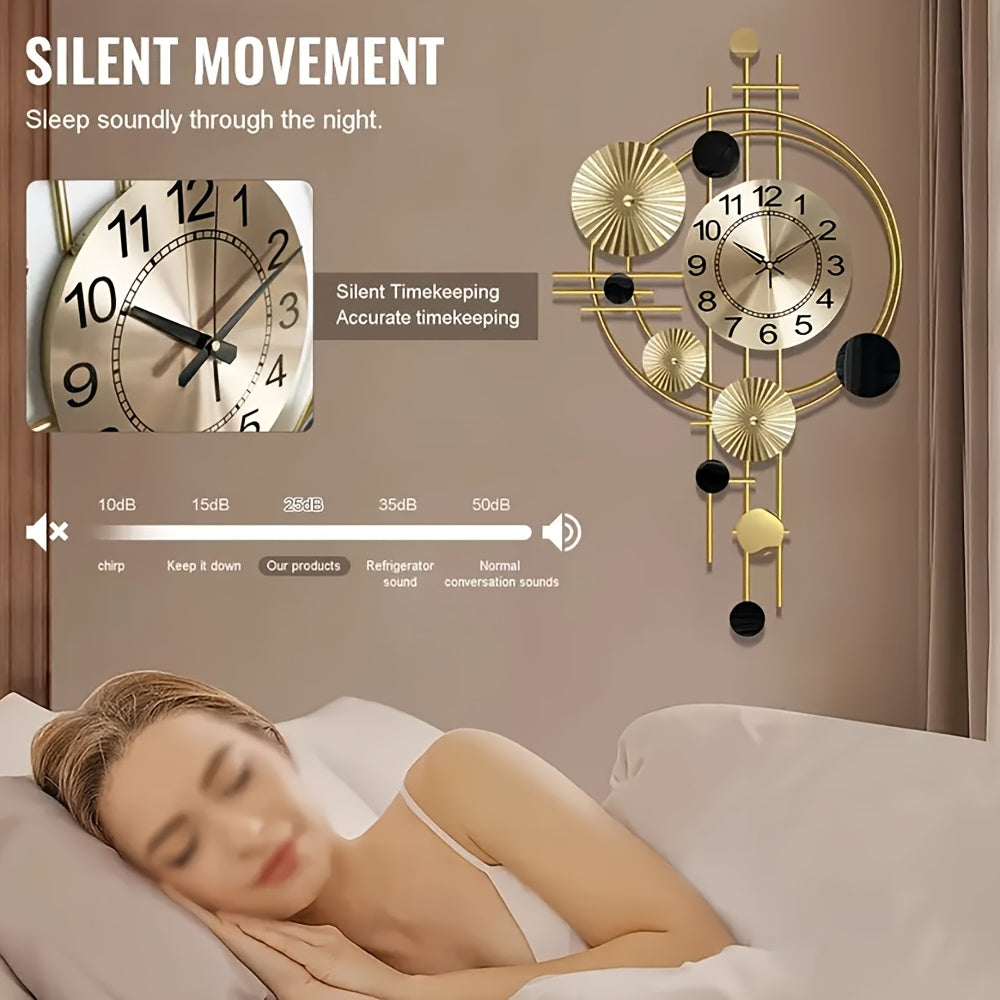 3D Metal Wall Art Clock – 30.7 × 17.7 Inch Silent No-Tick Decorative Modern Large Wall Clock for Living Room & Bedroom in Gold