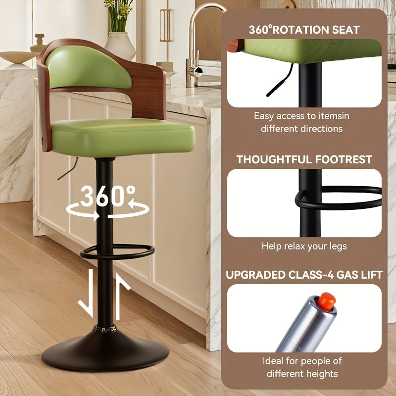 Swivel Bar Stools Set of 4 with PU Leather Upholstered Seat, Wooden Back & Footrest, Counter Height Bar Chairs for Kitchen Island and Dining Room, Black Brown Green White