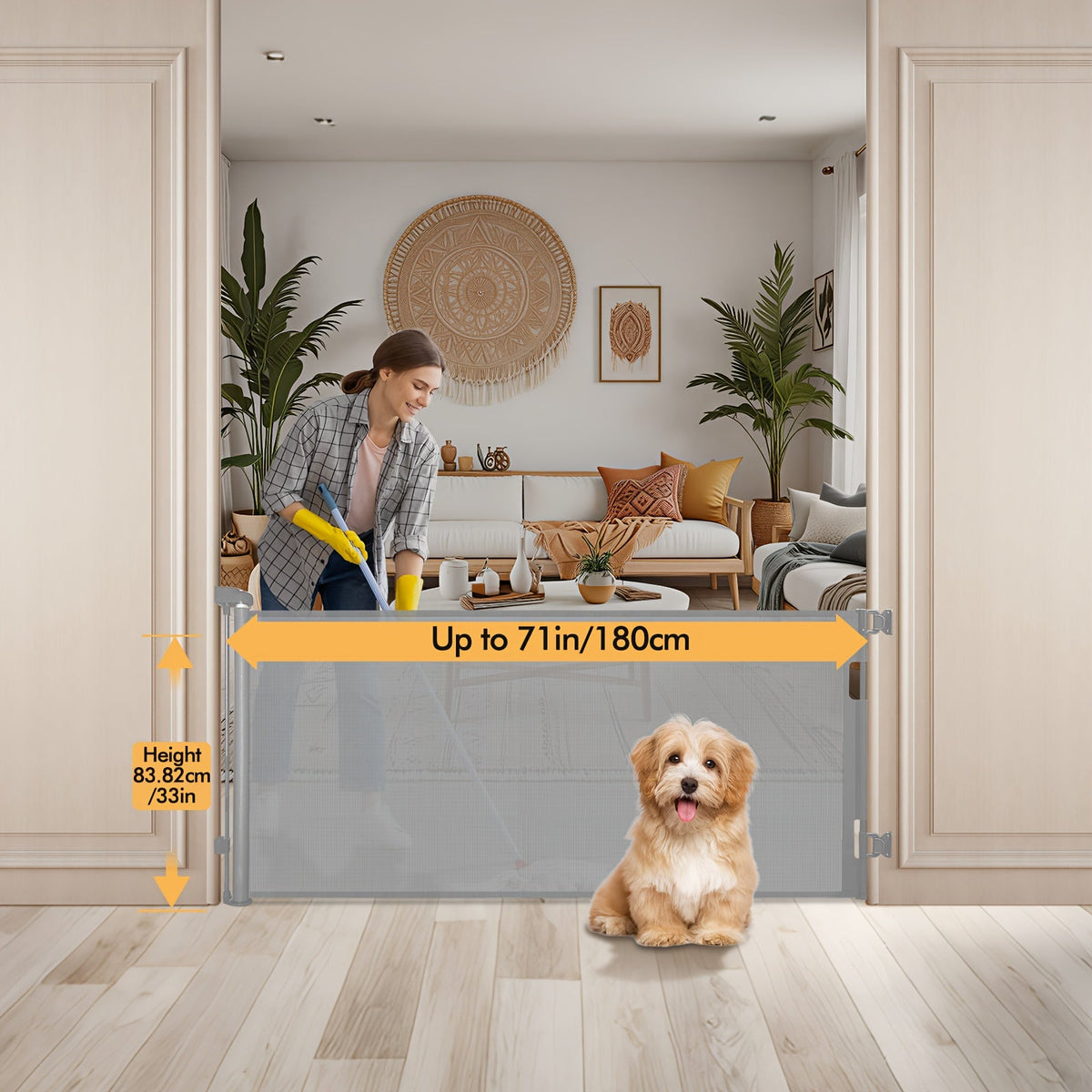 VERASTE Retractable Mesh Safety Gate, 33"/41" Tall Baby & Pet Gate for Doorways, Stairs & Hallways, Indoor & Outdoor Use, Multiple Width Options, Black, White & Gray