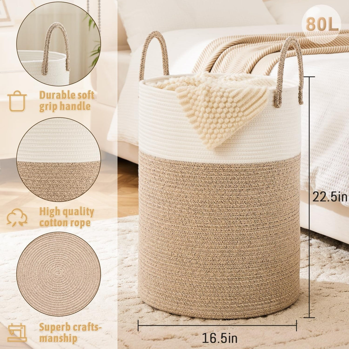 Collapsible Cotton Rope Woven Laundry Basket, Natural Elegant Laundry Hamper for Bathroom Nursery & Living Room, Versatile Storage for Clothes Toys & Blankets, 40L 60L 80L 100L, 9 Colors