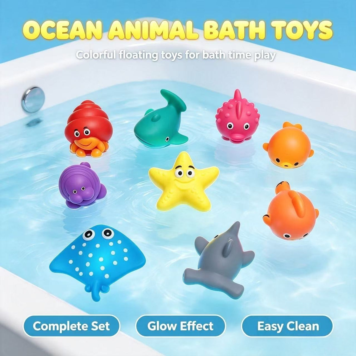 No-Hole Light-Up Glitter Sea Animal Bath Toys, Floating Bathtub Fishing Toy Set for Kids, Colorful Glow Water Toys for Bathtub Pool & Party Play, Random Colors, 2/4/6/8-Piece Sets