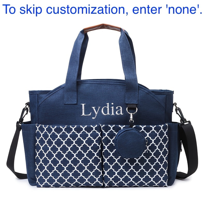 2-in-1 Custom Embroidered Diaper Bag, Personalized Alphabet Quilted Handheld & Crossbody Travel Bag for Mom & Dad, 4 Font Styles, Navy Blue & Grey