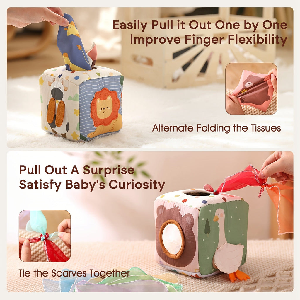 Duck-Shaped Baby Sensory Tissue Box Toy, Non-Tearable Fabric Pull Tissue for Infant Finger Exercise & Early Education, Montessori Soothing Toy for Newborns 0-12 Months, Mixed Colors