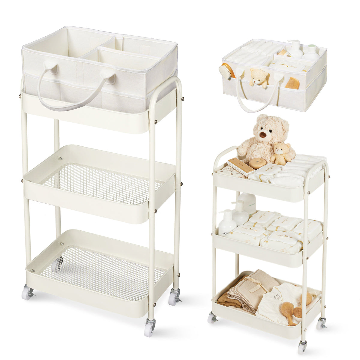3-Tier Rolling Nursery Storage Cart with Dividers & Drawers, Mobile Diaper Caddy Organizer on Wheels for Changing Table Crib & Bedroom, Easy Assembly Nursery Cart