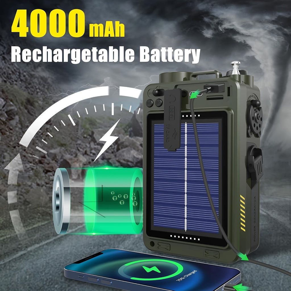 Portable Emergency Radio NOAA Weather Alert Solar & Hand Crank Powered VFD Display SOS Flashlight USB SD MP3 Headphone Jack for Power Outages Camping & Survival – Green