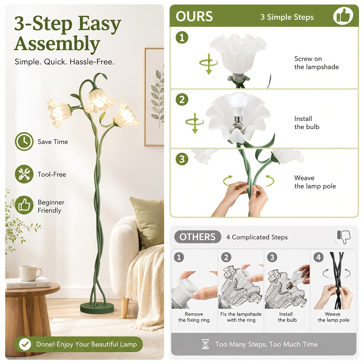 Vintage 3-Head Flower Floor Lamp 3 Color Modes Dimmable LED Standing Lamp Adjustable Gooseneck Reading Light for Living Room Bedroom Office Home Decor