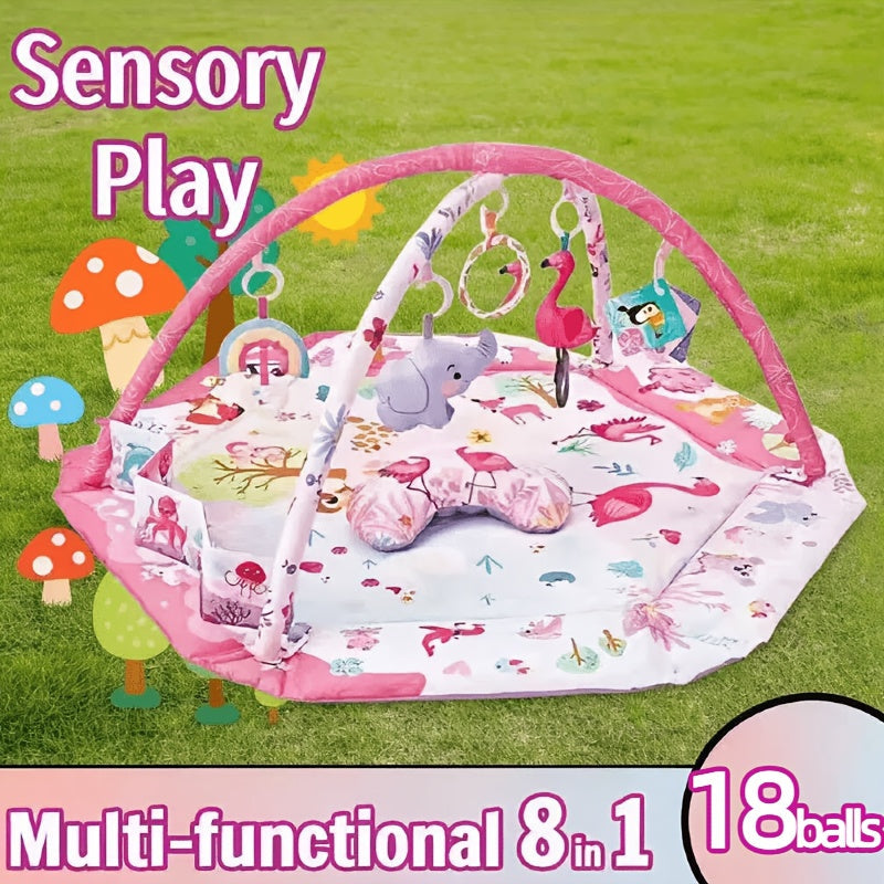 Foldable Hexagonal Baby Activity Mat & Play Gym with 5 Sensory Toys & Exercise Ball, Multi-Functional Infant Crawling Training Mat for Newborns & Toddlers, Pink