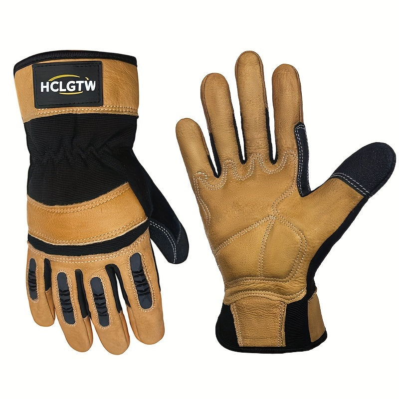 Cowhide Leather Work Gloves 2-Pair - Impact Protection, Grip Lining, Sweat-Wipe Towel Cloth, Tear-Resistant Heavy Duty Men's Safety Gloves for Garden, Outdoor & Construction - Sizes M to XXL