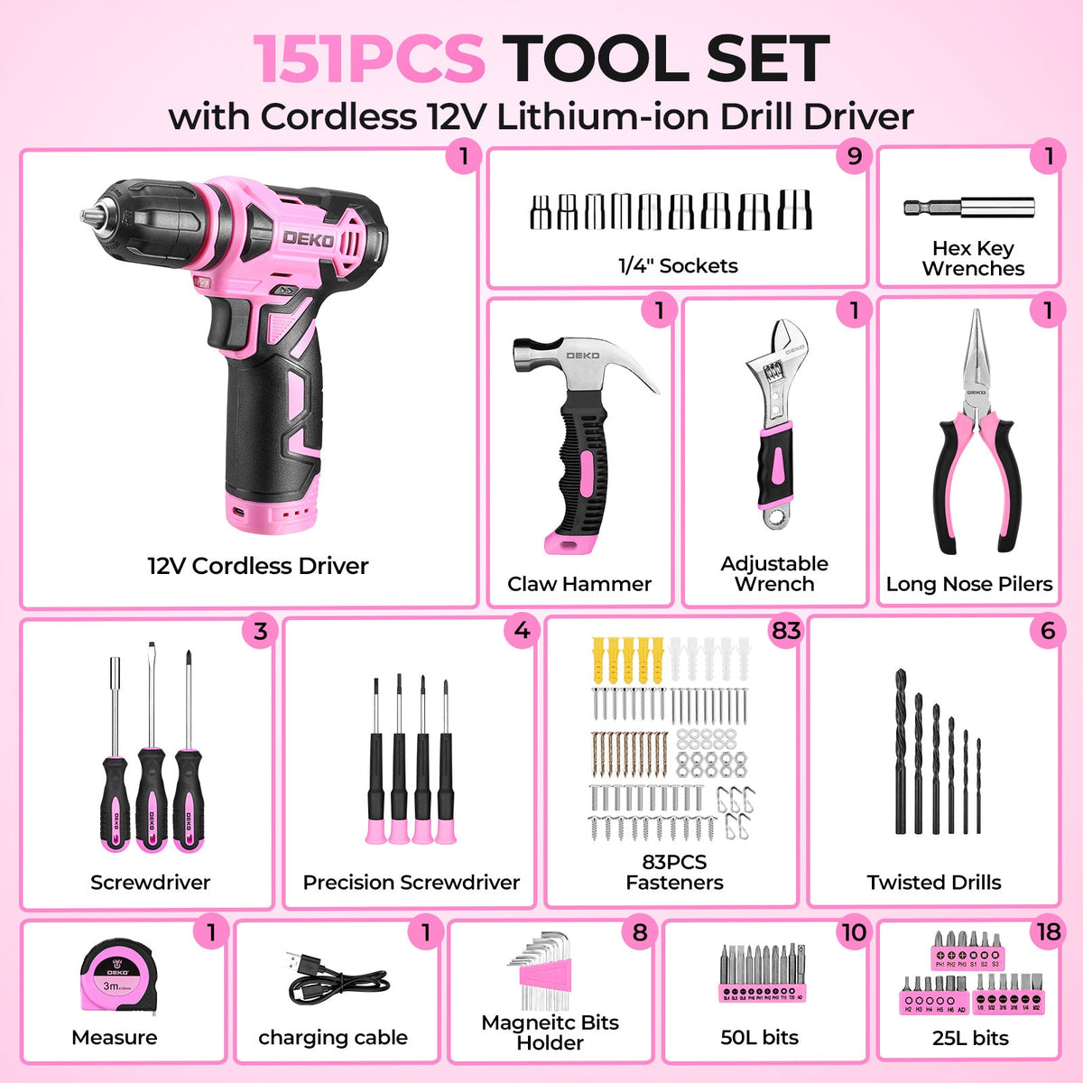 DEKO 151-Piece Tool Set with 12V Cordless Drill – Complete Home Repair Kit with Screwdrivers Hammer Tape Measure & Precision Tools in 5 Colors