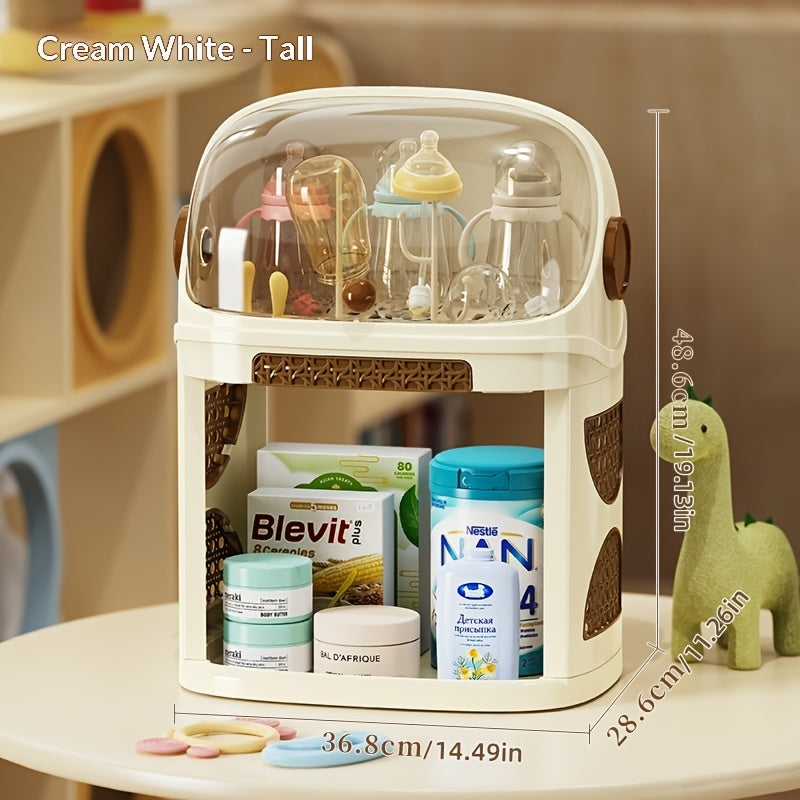 Multi-Functional Baby Bottle Drying Rack with Dust-Proof Flip Cover, Large Capacity PP Single or Double-Layer Rack with Formula Storage, 3 Colors Including Cream White Green & Black