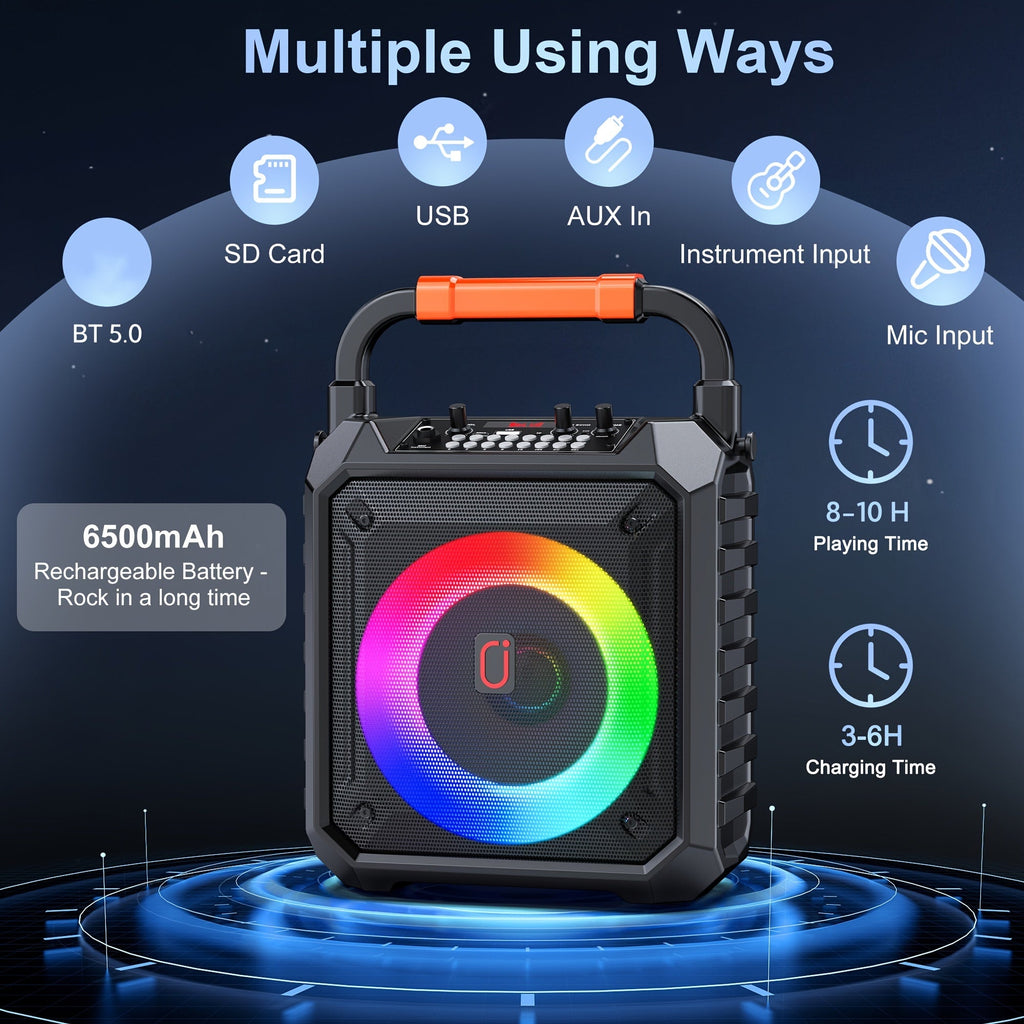 Portable Karaoke Speaker with 2 Microphones & DJ Lights – Wireless PA System with USB AUX Input & Recording for Home Parties & Gatherings
