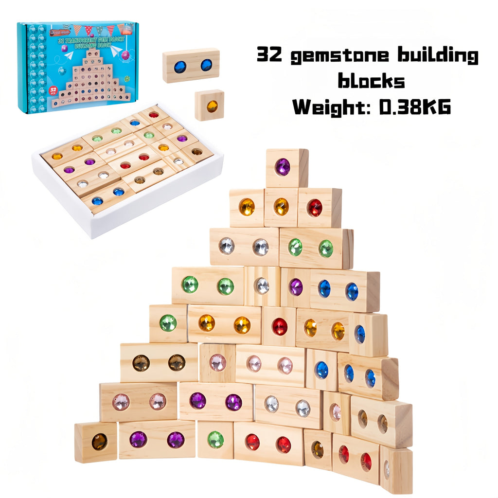 Wooden Sensory Building Blocks with Colorful Rhinestones, 32pc/50pc Educational Stacking Toys for Toddlers 18M+, Fine Motor Skills & Imaginative Play, Birthday & Christmas Gift